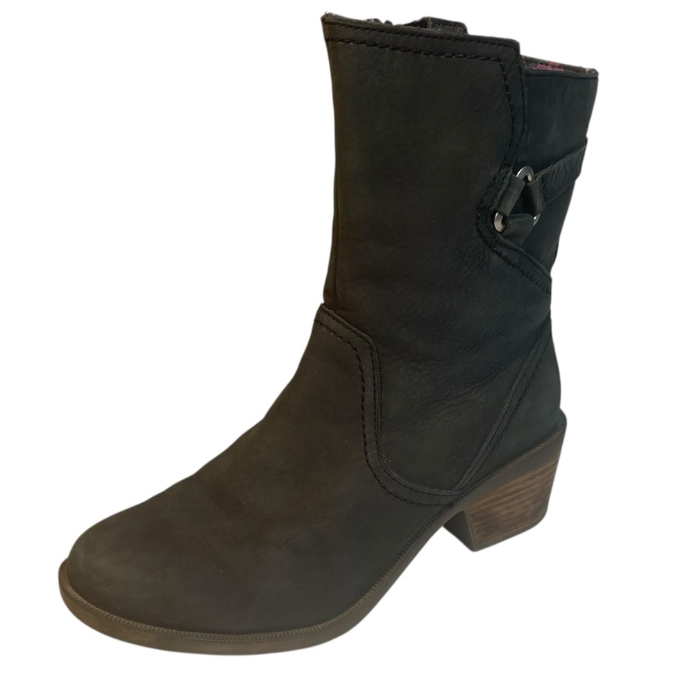 Teva Foxy Mid High Black Boots Womens 6.5 Nubuck Leather Side Zip Heel Harness